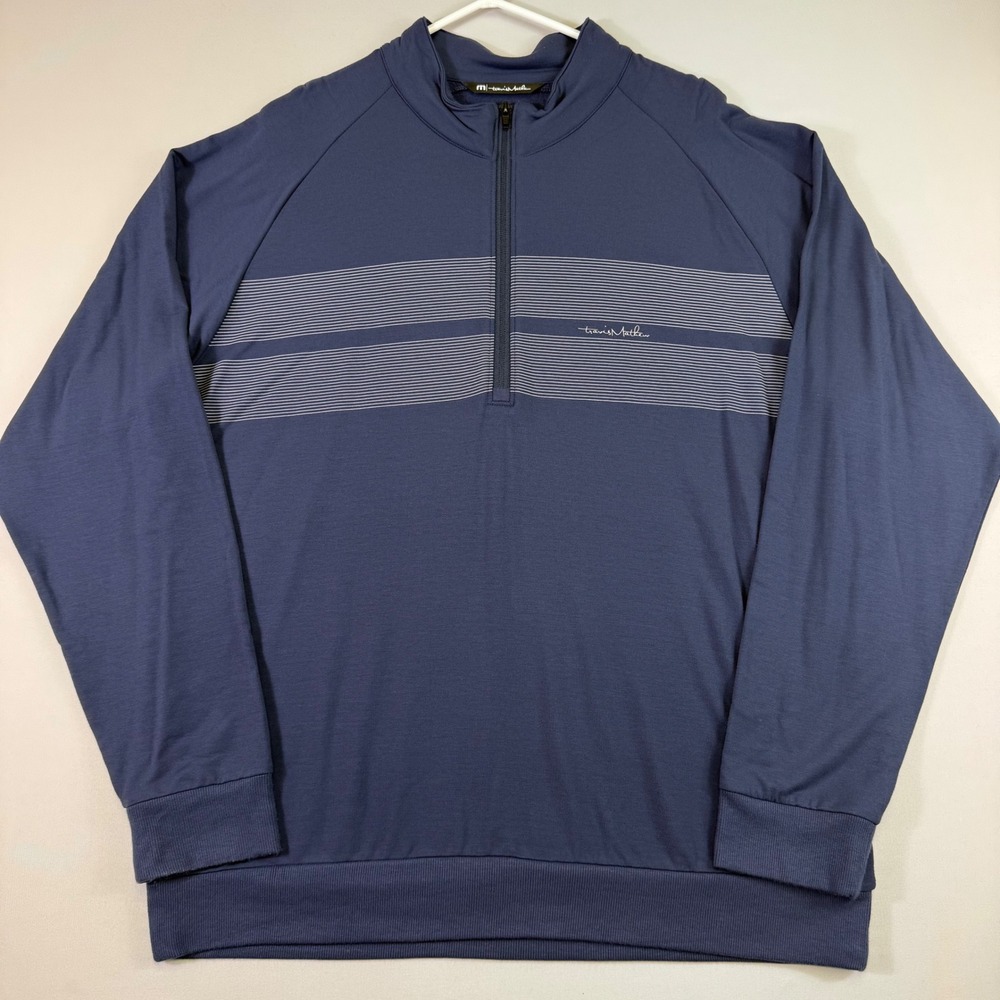 Travis Mathew Upgraded Fleece Mens XL Blue Striped 1/4 Zip Pullover Golf Sweater